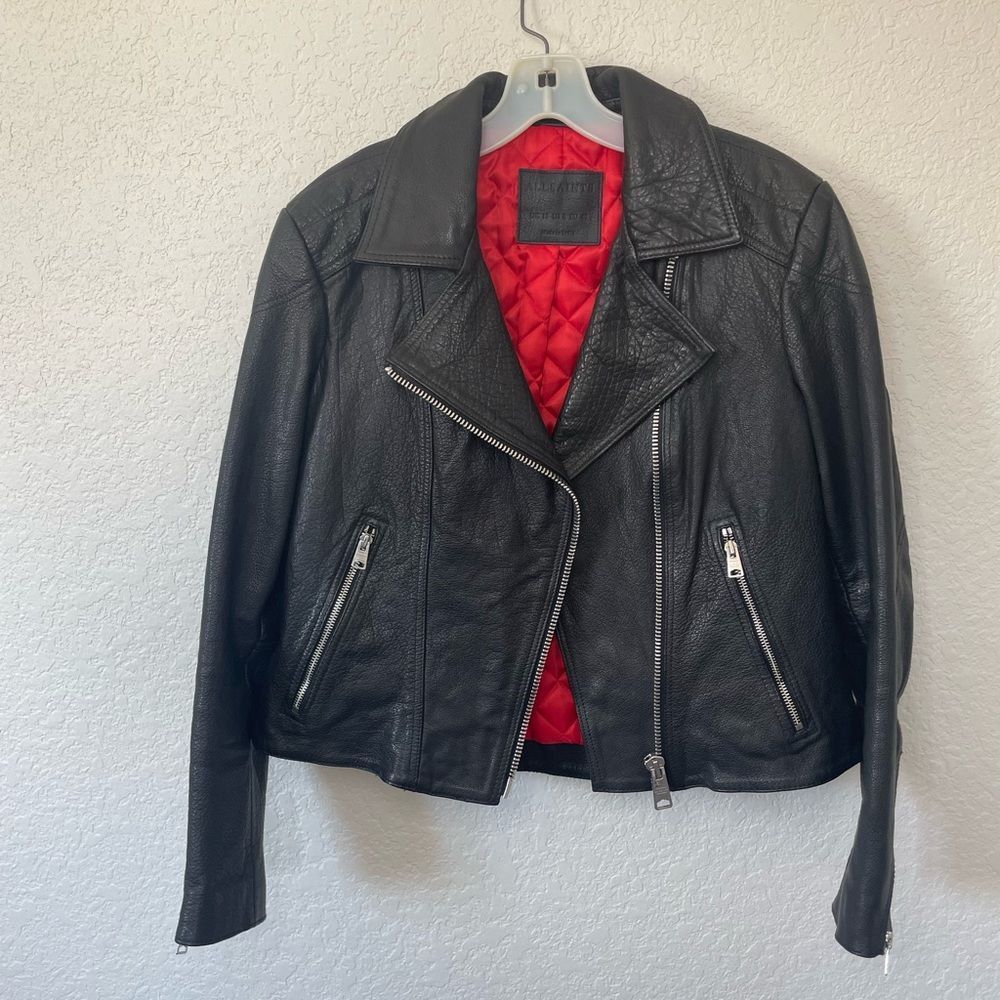 Women’s Black Leather Moto Jacket with Red Lining - Picture 2 of 5